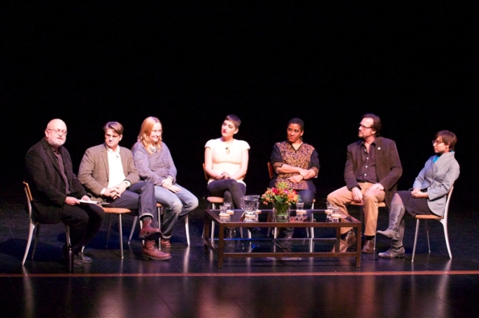 J.B. White moderates the "Storymakers Panel" on Friday night. Pictured left to right Whitney Dow, Melissa Etheridge, Suleika Jaouad, Malika Ndlovu, Bill Paxton, and Sara Thacher CdeP 2000.